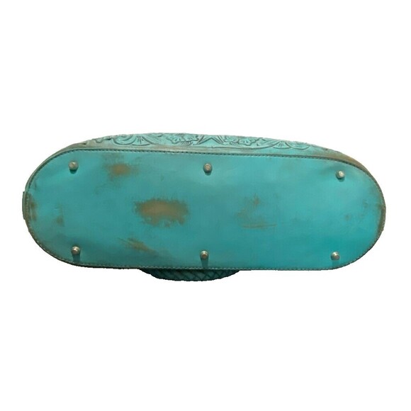 Alexandro Yeo Mexican Leather Tooled Embossed Turquoise Tote Braided Handle - Picture 5 of 16